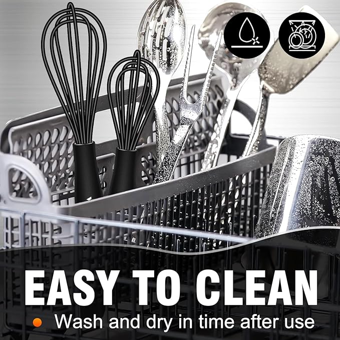 Walfos Whisk 5+7in/12cm+17cm Mini Whisk,Silicone Whisks Non Scratch Heat Resistant (480°F). Nice for stirring individual eggs and mixing small amounts of powder and sauce.Dishwasher Safe.Black