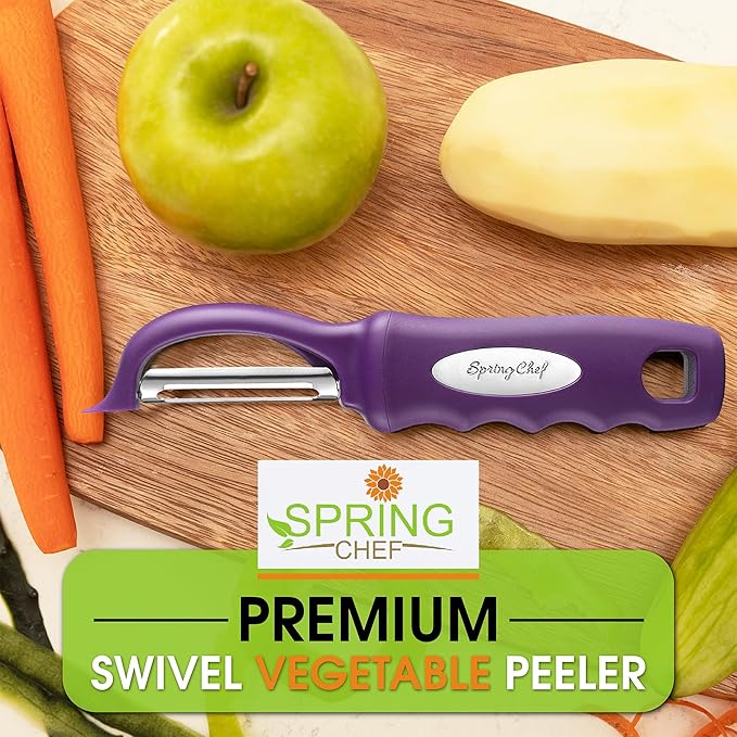 Spring Chef Professional Purple Swivel Potato Peelers for Kitchen, Stainless Steel Veggie Peeler with Soft Grip Handle, Dishwasher Safe, Grate for Peeling Apple, Fruit, Carrot, Cucumber, Purple