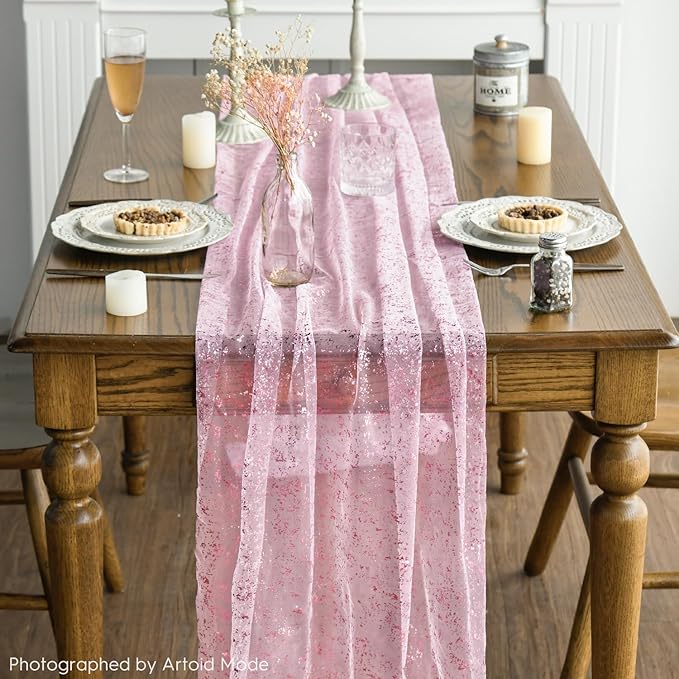 Artoid Mode 6PCS Pink Gold Gauze Table Runner 120 Inch 10FT, Glitter Metallic Foil Sheer Dining Wedding Anniversary Holiday Table Decor for Home Party