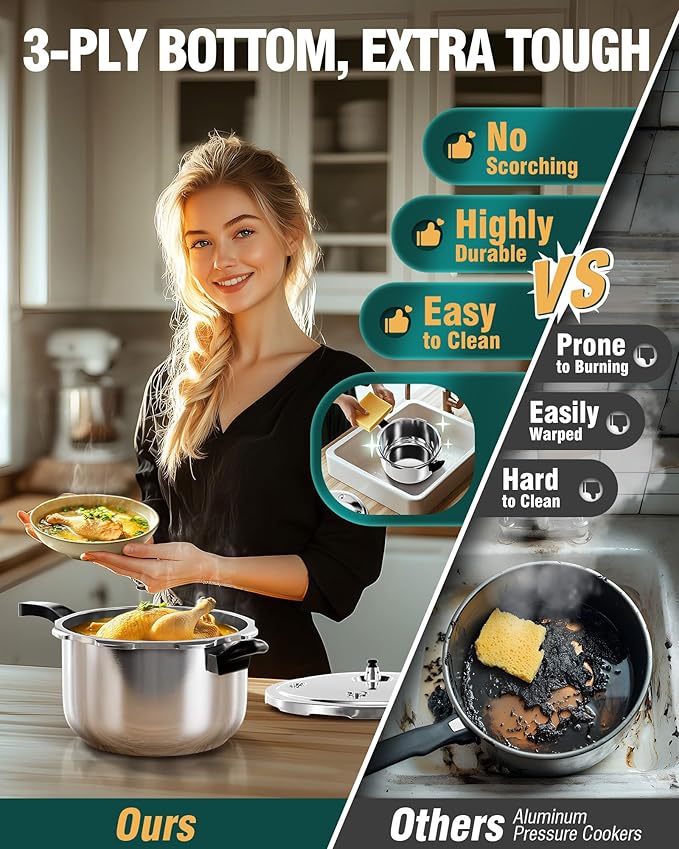 WantJoin Pressure Cooker, 8 Quart Stainless Steel Pressure Canner, Induction Compatible Cookware with Spring Valve Safeguard Devices,Compatible with Gas & Induction Cooker