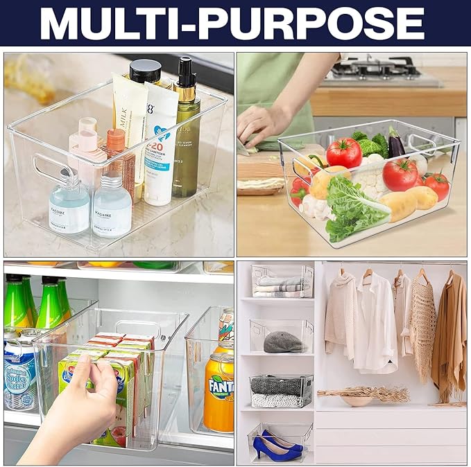 Clear Plastic Storage Bins, Pantry Organizers and Storage Containers Fridge Organizer Bins for Organizing Kitchen Cabinet Organizer Bin Bathroom Freezer Refrigerator Organization