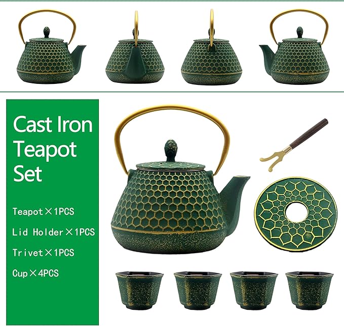YJX Cast Iron Teapot and Cups Set, 33.8oz Hexagon Pattern Tea Pot Enameled Interior, Tea Kettle for Stovetop, Japanese Teapot Set with Teacups for Adults, Green Kettle with Infuser for Loose Leaf