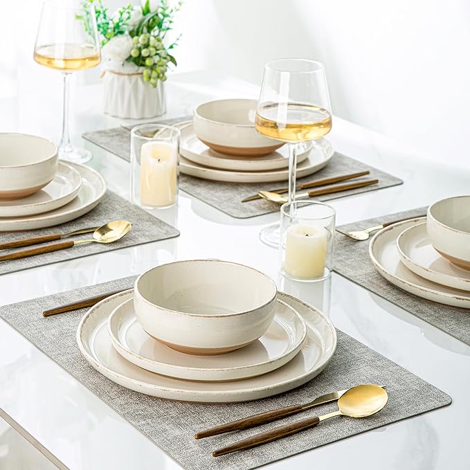 AmorArc Ceramic Dinnerware Sets for 4, 12 Pieces Handpainted Plates and Bowls Set with Rustic Terracotta Underside, Scratch Resistant Stoneware Dishes Set, Dishwasher & Microwave Safe, Beige