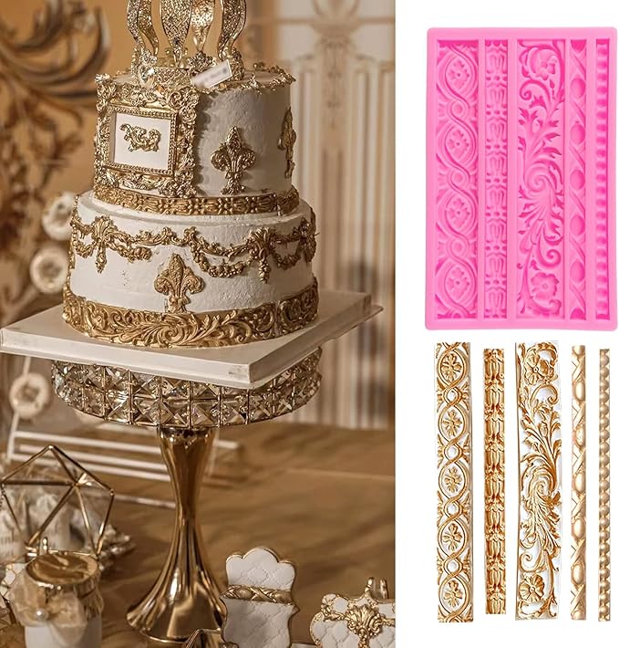 Rainmae 4 Pcs Baroque Fondant Silicone Molds, Relief Flower Lace Chocolate Mould, Scroll Lace Clay Mold, Filigree Mold 3D Sculpted Decoration, Cupcake Topper, Jewelry, Polymer Clay, Crafting Projects