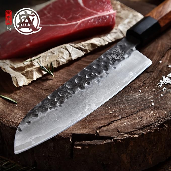 MITSUMOTO SAKARI Santoku Chef Knife 7 inch - Hand Forged Japanese Kitchen Knives, 3-Layer 9CR18MOV High Carbon Steel, Rosewood Handle & Sandalwood Box