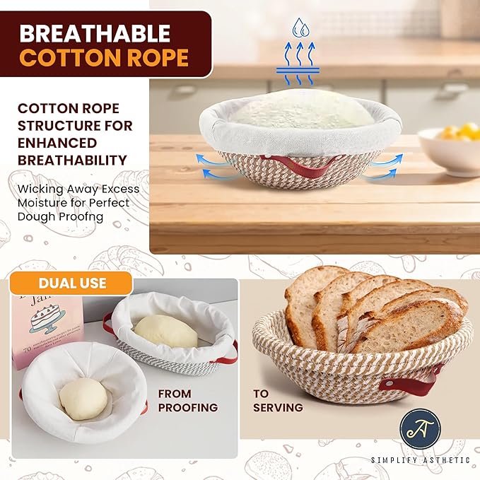 Sourdough Starter Kit with 35oz Jar, 2 Cotton Rope Proofing Baskets (9" round & 10" oval), Recipe Book,Thermometer, Bread Lame, Silicone Spatula & Bread Bag - Complete Sourdough Baking Supplies &Tools