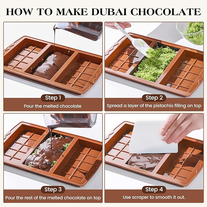 4 Pcs Chocolate Bar Mold Deep Dubai 0.85 Inch Stuffed Chocolate Molds Silicone Large Break Apart Silicone Molds (10 Snap + 5 Snap）