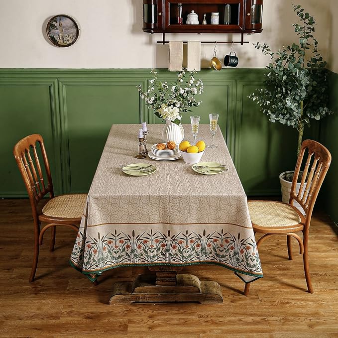 patdrea Designer Linen Vintage Long Table Cloth for Rectangle Table,Light Brown Durable French Floral Tablecloth,Decor Cover for Kitchen Dining,Christmas,Thanksgiving,Party,63"x94"-Cudillero