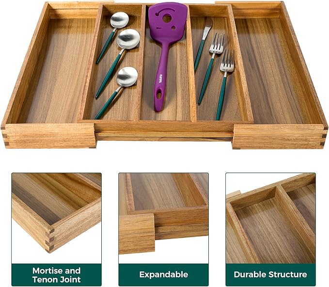 Utoplike Acacia Kitchen Drawer Organizer Expandable, Large Utensils and Cutlery Tray, Adjustable Silverware Divider for Knives Flatware