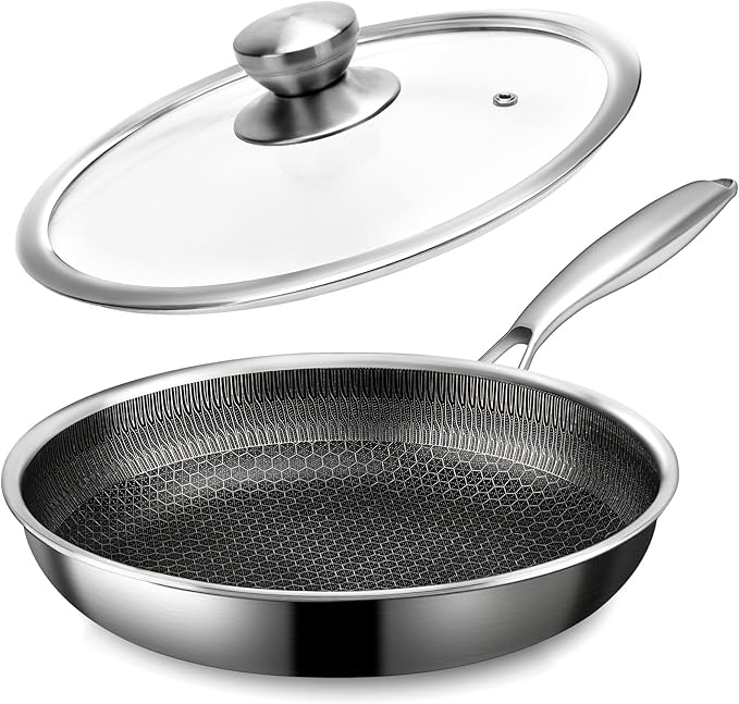 Stainless Steel Frying Pan with Lid - 11 Inch Nonstick Frying Pan with Lid, Honeycomb Stainless Steel Skillet Omelet Chef's Pan with Stay Cool Handle, Induction Compatible, PFOA Free