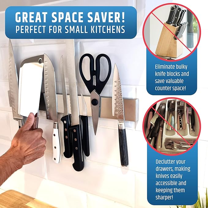 Strong Adhesive (No Drill) Magnetic Knife Holder for Wall - Professional 17 Inch Knife Strip - No Screws Needed - Adhesive Backing - Stainless Steel Knife Bar (Upgraded Version – Will Not Fall)