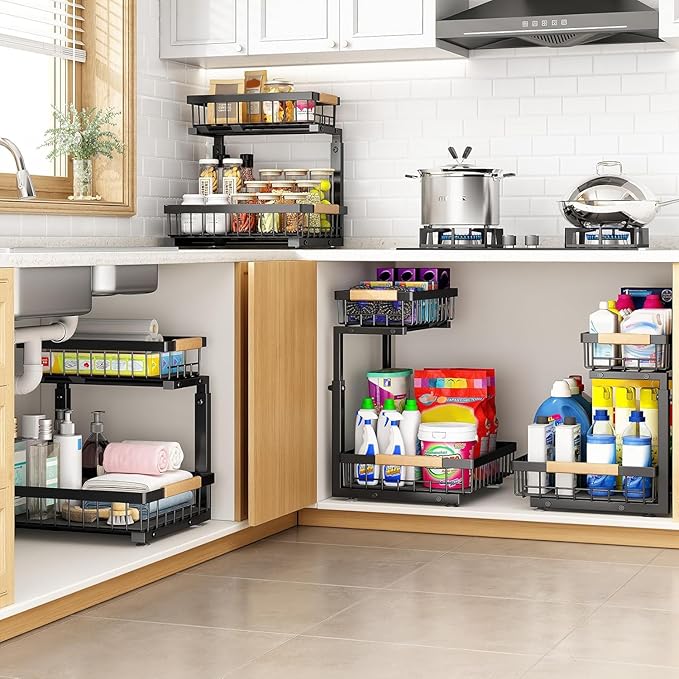 PXRACK Large Under Sink Organizer, Adjustable Height, 2-Tier Slide Out,Thickened Metal Shelf Under Sink Storage for Kitchen, Bathroom, Cabinet,Pantry,Black,1 PACK,Small Space-saving