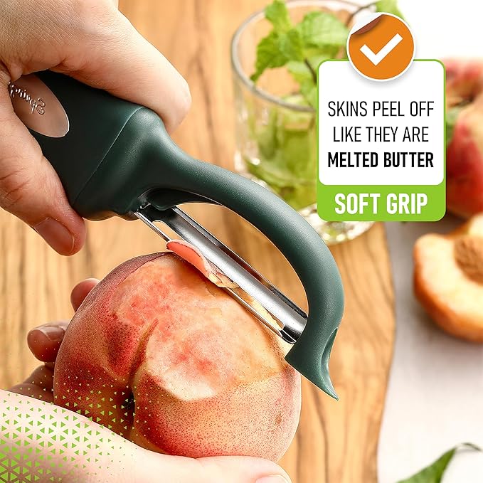 Spring Chef Premium Swivel Vegetable Peelers for Kitchen, Stainless Steel Apple Peelers with Soft Grip Handle and Sharp Blades, Perfect for Potato, Carrot, Mango, Cucumber - Set of 2 - Pine Green
