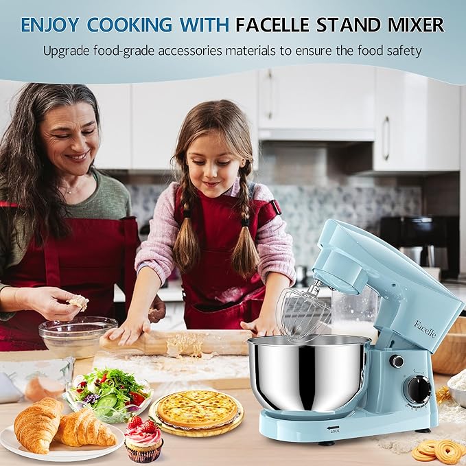 Facelle Stand Mixer, 10-Speed 6QT Kitchen Electric Mixer, Tilt-Head Food Mixer with Beater, Dough Hook, Wire Whip and Egg Separator, scraper for Most Home Cooks - Blue