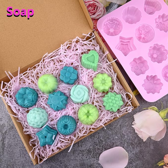 Sakolla 3 Pack Flower Soap Molds, 12 Cavities Different Shapes Silicone Molds for Soap, Lotion Bar, Bath Bombs, Chocolate, Candy
