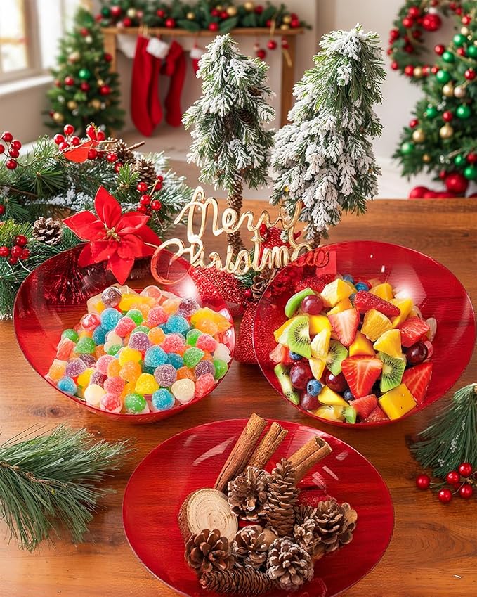bUCLA 12 Pack Clear Red Plastic Serving Bowls - 54 OZ Christmas Angled Serving Bowls Disposable for Chip, Candy, Salad & Fruit - Ideal for X’mas Party
