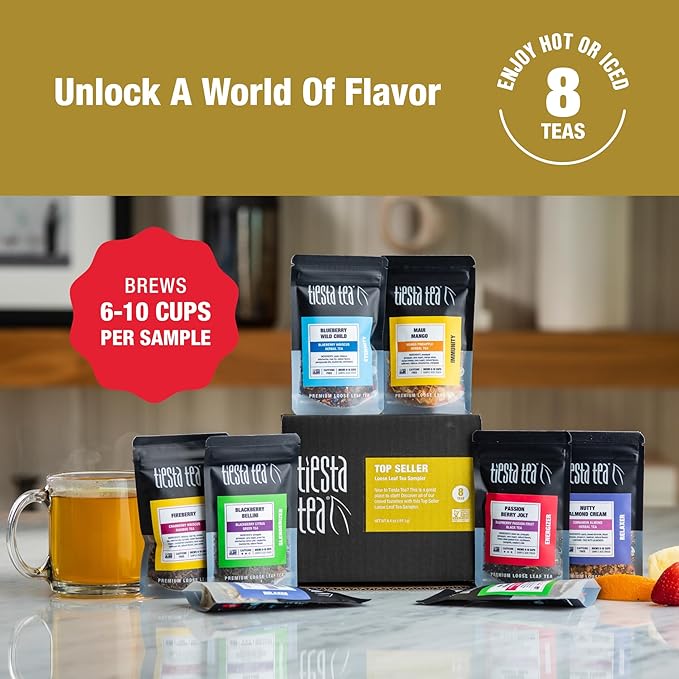 Tiesta Tea - Top 8 Favorites Sampler Set, Loose Leaf, Up to 80 Cups, High to No Caffeine, Hot & Iced, Tea Variety Pack with Green, Herbal, Black & Chai Brew, 8 Sample Pouches