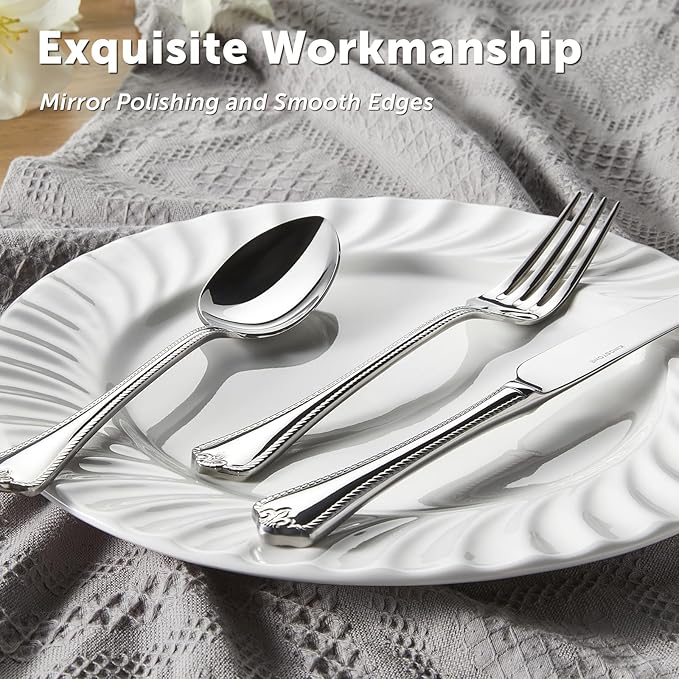 KINGSTONE Silverware Set, 60-piece 18/10 Stainless Steel Flatware Set Cutlery Set for 12, for Kitchen, Home, Wedding, Party, Mirror Polished and Dishwasher Safe, Featured Gifts