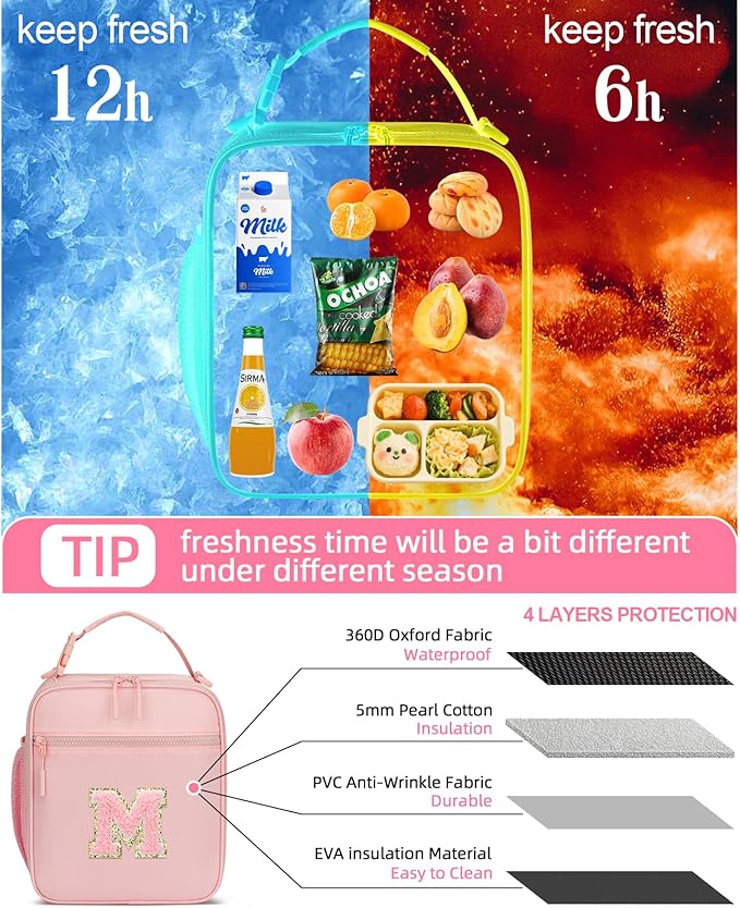 Initial Insulated Lunch Bag for Girls Kids, Back to School Gift, Reusable Leak-proof Lunch Box with Adjustable Strap for School Daycare Travel Picnic (Pink,M)