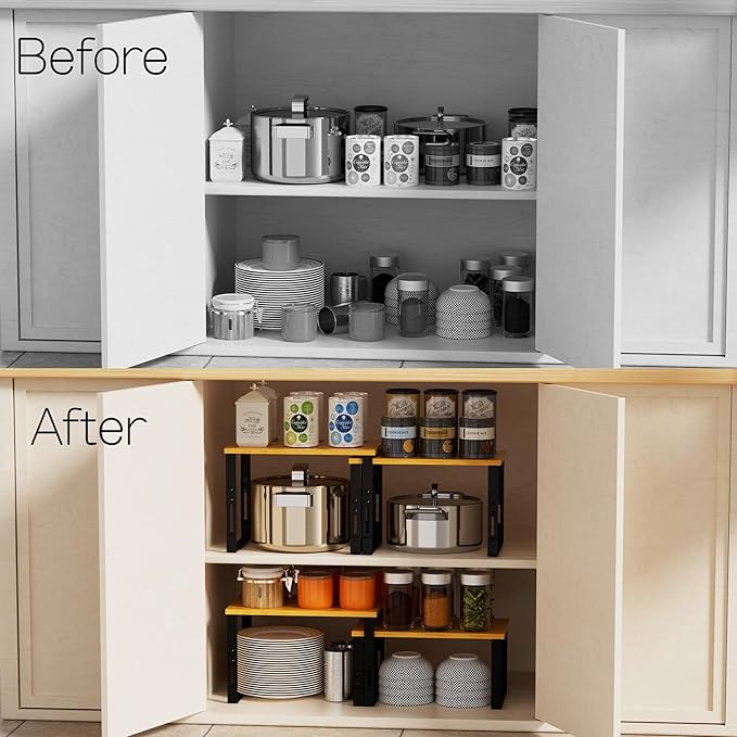 Adjustable Storage Shelves for Kitchen Cabinet Organization - Set of 2 Stackable Metal & Solid Wood Racks, Space-Saving Design for Countertop/Pantry/Garage, Easy Assembly(1 Pack/Medium/Black)