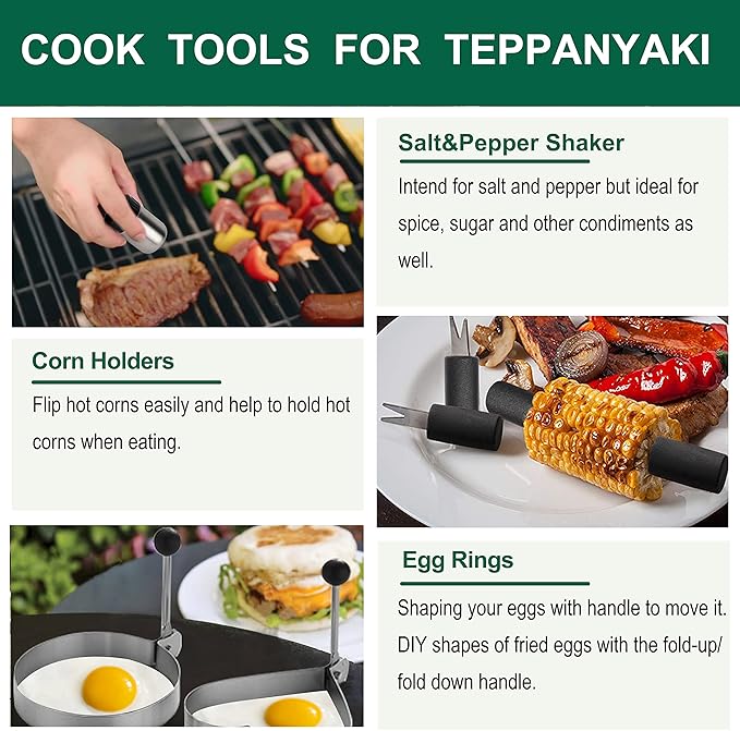 Grilljoy 46PC Griddle Accessories Set with Robust Plastic Handle, All-in-One Griddle Tools Kit for Flat Top Grills Teppanyaki Hibachi, Stainless Steel Grill Spatula Kit for Outdoor Camping Grilling