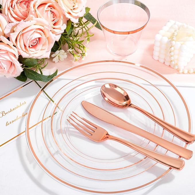 bUCLA 150PCS Clear Rose Gold Disposable Dinnerware set - Rose Gold Plastic Plates Include 25 Dinner / 25 Dessert Plates, 25 Knives, 25 Forks, 25 Spoons, 25 Cups for Party, Wedding & Mother's Day