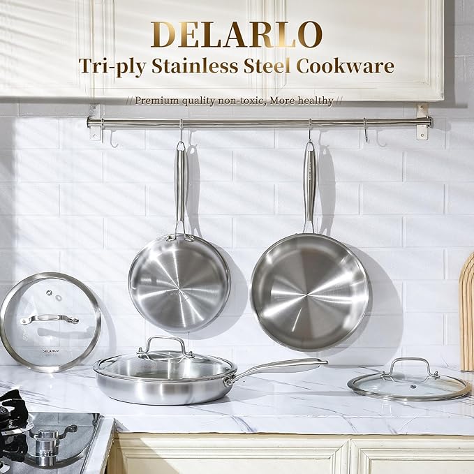 DELARLO Tri-ply Stainless Steel Frying Pan Set with Lid 8"10" Induction large Skillets Chef's Pan,Pots and Pans Set Kitchen Cookware Set Suitable for All Stove