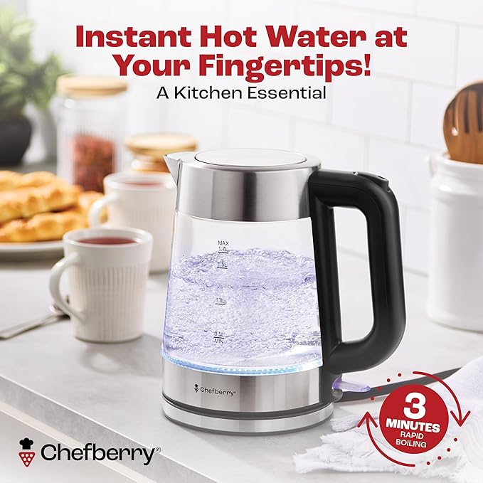 Electric Kettle for Boiling Hot Tea & Water | 1.8L Stainless Steel Borosilicate Glass Boiler With No Plastic, Automatic Shutoff, BPA Free, Fast Heating Technology