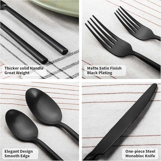 Alata Potter Black 20-Piece Forged Silverware Set, Service for 4 Stainless Steel Flatware Set, Modern Design with Satin Finish, Ideal for Home, Kitchen, Party, Camping