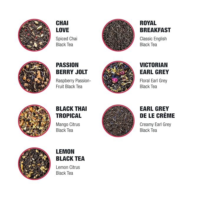 Tiesta Tea - Black Sampler Dry Flight Set, Loose Leaf, High Caffeine, Makes Hot & Iced, Assorted Tea Sets with Herbal, Chai, Fruit Black Teas & More, 7 Resealable Sample Pouches
