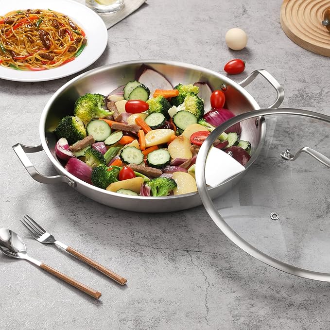 DELARLO Paella Pan 14 Inch Tri-Ply Stainless Steel Paella Pan with Lid, Jumbo Frying Pan, kitchen Induction Large Skillets,Great for Paella Parties Indoors Outdoors,Heavy Duty Style