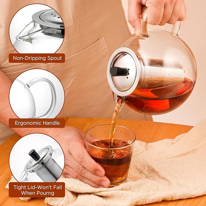 1500ml Glass Teapot with Removable Stainless Infuser(50oz), Ehugos Stovetop Safe Large Tea Pot, Hand Crafted Kettle for Women and Adult, for Loose Leaf Tea, Hot and Iced Water, Juice Beverage