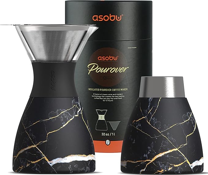 asobu Insulated Pour Over Coffee Maker (32 oz.) Double-Wall Vacuum, Stainless-Steel Filter and Take on the Go Carafe (Midnight Marble)