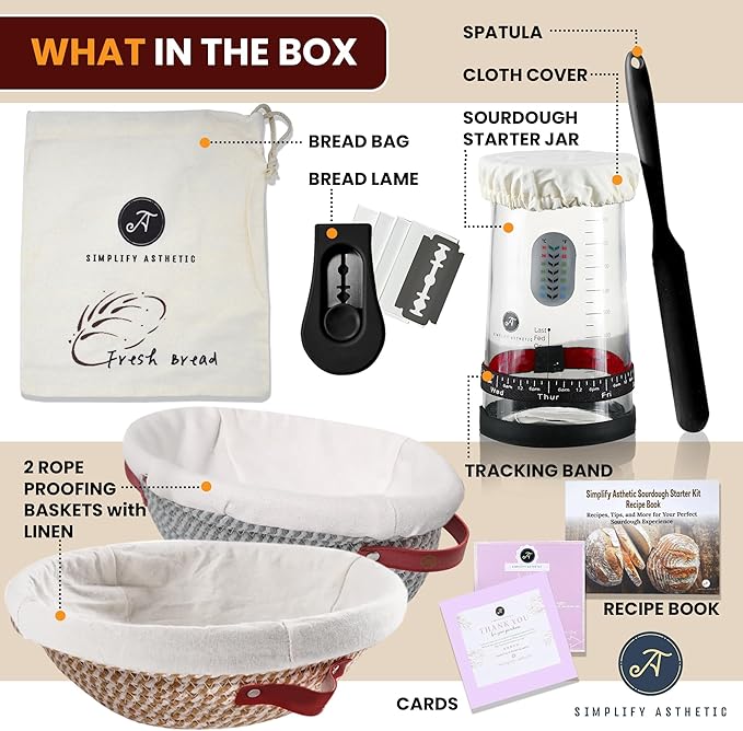 Sourdough Starter Kit with 35oz Jar, 2 Cotton Rope Proofing Baskets (9" round & 10" oval), Recipe Book,Thermometer, Bread Lame, Silicone Spatula & Bread Bag - Complete Sourdough Baking Supplies &Tools
