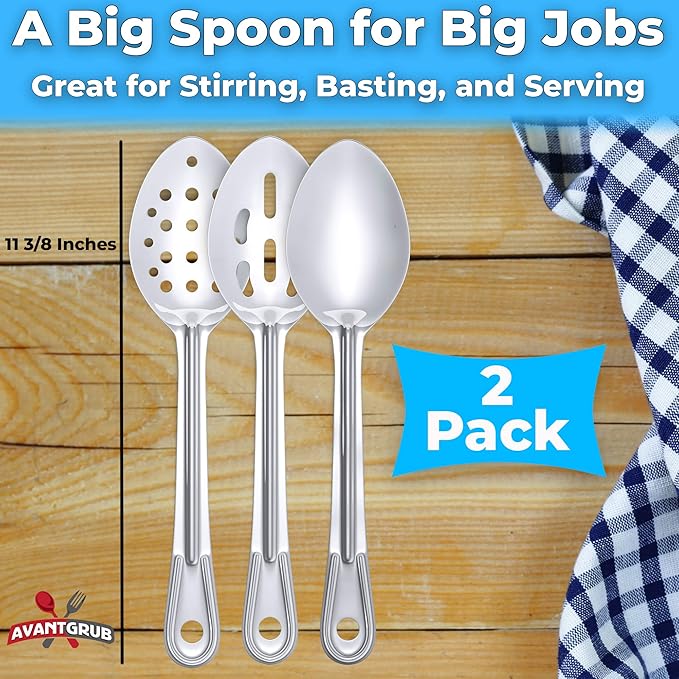 Super Strong, Ergonomic 11 in Serving Spoon 6 Pk (2 of Each Style). Big, Stainless Steel Spoons for Cooking, Baking, Stirring and Basting. Best Kitchen Flatware for Buffet and Banquet Food Service