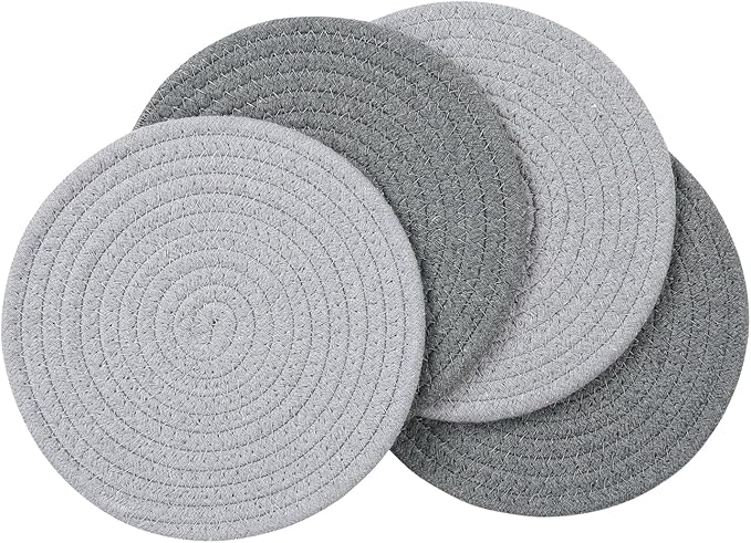 SHACOS 8 Inches Trivets for Hot Dishes, 4 Pieces Heat-Resistant Trivets Mats for Kitchen, Cotton Pot Holders for Hot Pots and Pans, Hot Pads for Countertops and Table, Gray and Light Gray