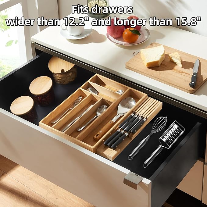 Small-Bamboo-Silverware-Drawer-Organizer, Expandable Utensil Kitchen Cutlery Tray Flatware Organization Adjustable Wood Tableware Dividers Storage (with Removable Knife Block)(Natural)