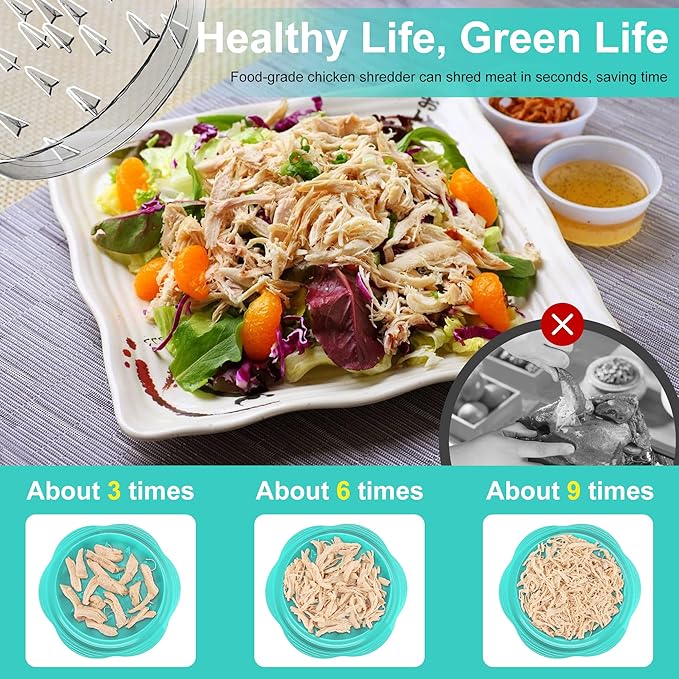 Chicken Shredder Large Chicken Breast Shredder Tool Twist with Brush&Fork, Visible Meat Shredder Machine, Anti-Slip Strip, Ergonomic Handle, BPA Free, Pork Beef Chicken(Mint Green)