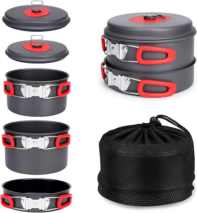 Alocs Camping Cookware Set Camping Gear, Compact Camping Pots and Pans Set, Durable Hard Alumina Camping Cooking Set for Outdoor Backpacking Camping Hiking Picnic, Included Mesh Carry Bag
