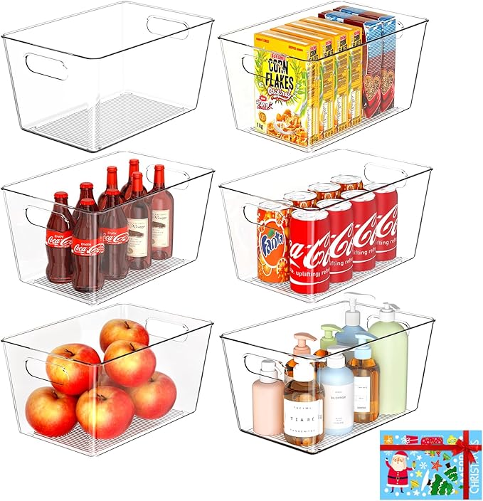 6 Pack Clear Plastic Storage Bins, Pantry Organization and Storage Bins for Kitchen-Fridge Organizer, Pantry Storage Containers, Cabinet Organizers