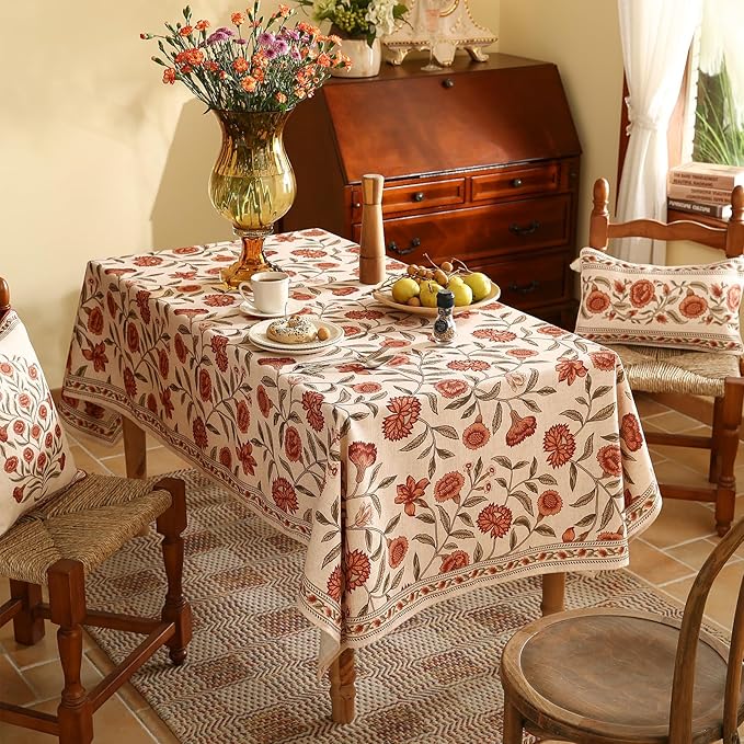 ISAENNE Designer French Long Tablecloth Rectangle,Linen Orange Floral Pattern Indoor Table Cloth,Wrinkle Resistant Decor Table Cloth for Dining Thanksgiving Kitchen Party,63"*102"-Alvarado D