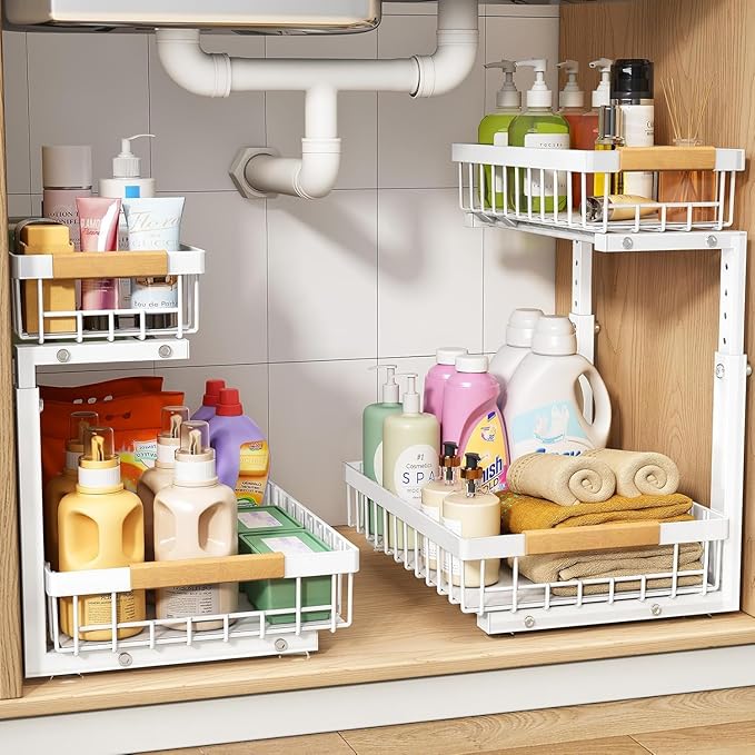 PXRACK 1 Pack Under Sink Organizer,Adjustable Height,2 Tier Pull Out Under Cabinet Organizer,Slide Out Thickened Metal Under Sink Storage for Kitchen Bathroom Laundry Cabinet Pantry,White(S)