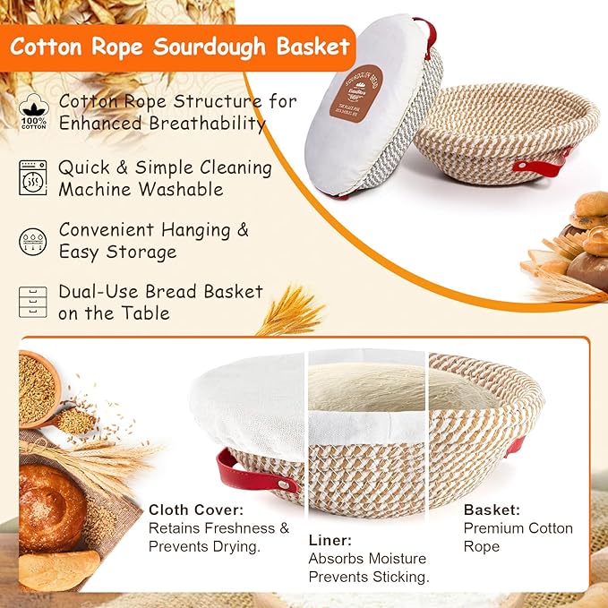 Sourdough Starter Kit, Sourdough Bread Baking Supplies, Cotton Rope Banneton Bread Proofing Basket Set with Sourdough Starter Jar for Bread Making Baking, Sour Dough Kit Tools Gifts for Bakers Women