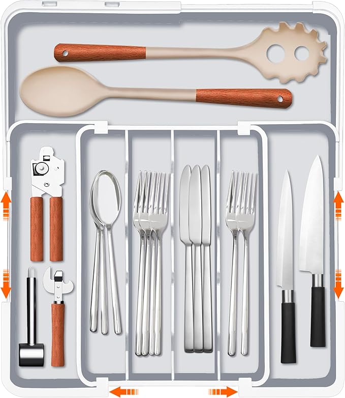 Homecor Kitchen Drawer Organizer, Expandable Silverware Drawer Organizer, Adjustable Utensil Organizer Tray, Cutlery Organizer for Forks, Knives, Kitchen Organizers and Storage, Grey