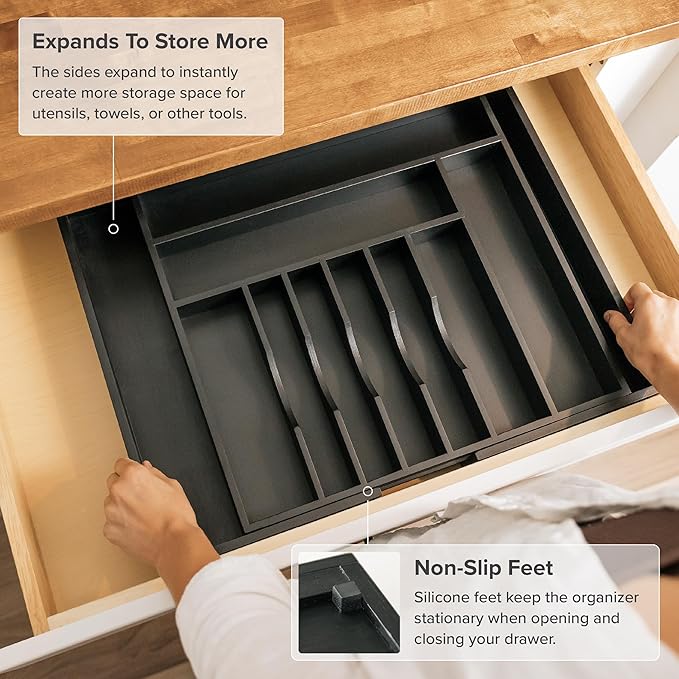 KitchenEdge Premium Silverware, Flatware and Utensil Organizer for Kitchen Drawers, Food-Safe Contract Grade, Expandable from 18 to 33 In, Black Bamboo