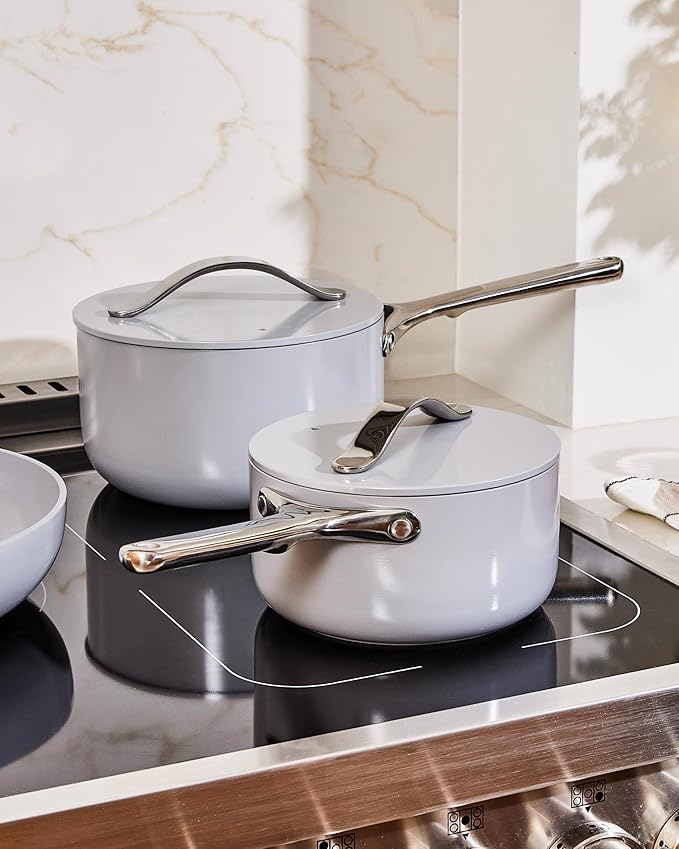Caraway Nonstick Ceramic Sauce Pan with Lid (1.75 qt) - Non Toxic, PTFE & PFOA Free - Oven Safe & Compatible with All Stovetops (Gas, Electric & Induction) - White