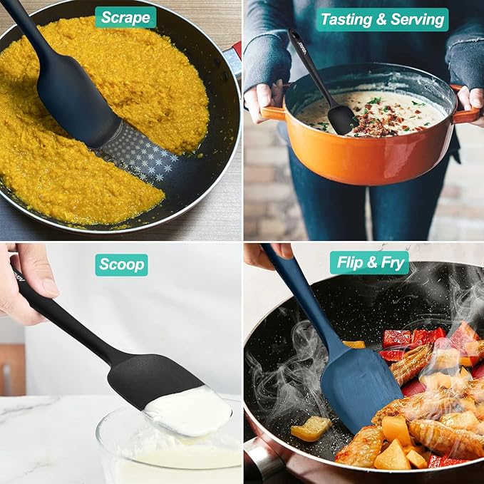 Silicone Spatula Set, High Heat Resistan Rubber Spoon Spatula, Non-Stick Spoonula with Seamless One Piece Design, Flexible Scrapers Baking Mixing Tool,3 Pack, Black
