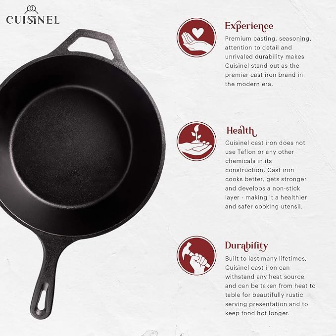 Cuisinel Cast Iron 2-In-1 Multi Cooker - 3-Quart Dutch Oven and Skillet Lid Set Oven Safe Cookware + Black Pan Scraper - Use As Dutch Oven and Frying Pan - Indoor and Outdoor Use - Grill, Stovetop