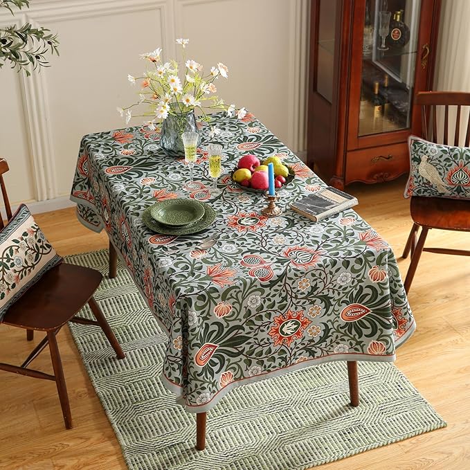 ISAENNE Designer Bohemian Linen Green Extra Long Rectangle Tablecloth,Floral Indoor Table Cloth,Stain Resistant Decor Tablecloths for Dining Thanksgiving Kitchen Party Christmas,67"*118"-Naples