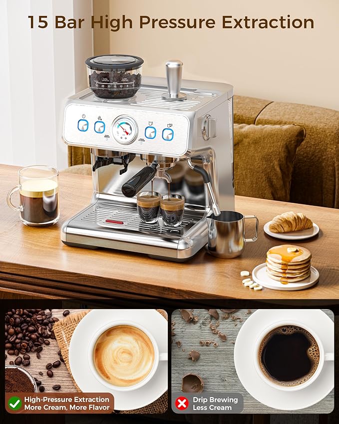 COWSAR Commercial Espresso Machine 15 Bar, Semi-Automatic Espresso Maker with Bean Grinder & Milk Frother Steam Wand, Removable Water Reservoir, Self-Cleaning, Ideal for Cappuccino, Stainless Steel